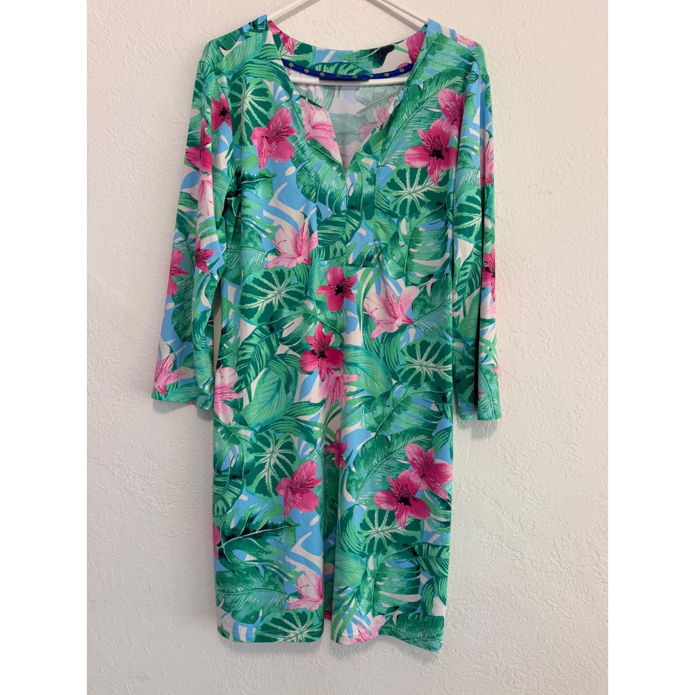 Banana Boat Tropical Floral UPF 50+ Sun Dress Green Pink XL BB563